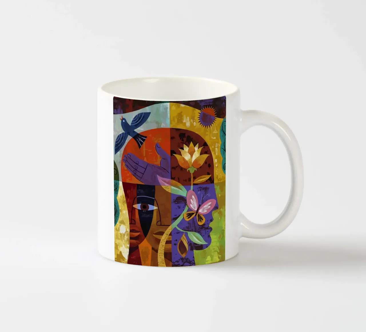 illustration of human face and bird tazza in ceramica da Dumery Art