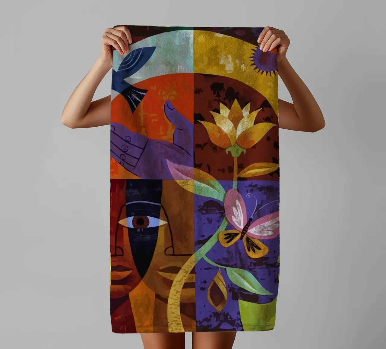 illustration of human face and bird asciugamano da bagno da Dumery Art