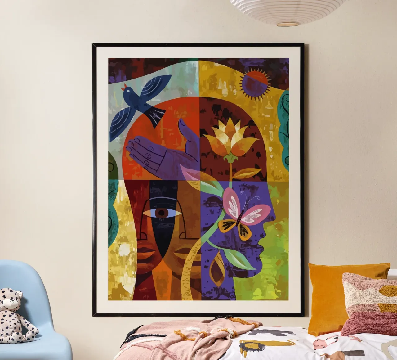 illustration of human face and bird poster con telaio in legno da Dumery Art