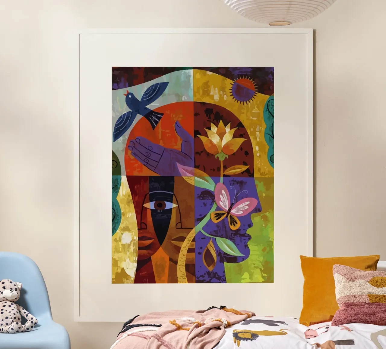 illustration of human face and bird poster con telaio in legno da Dumery Art