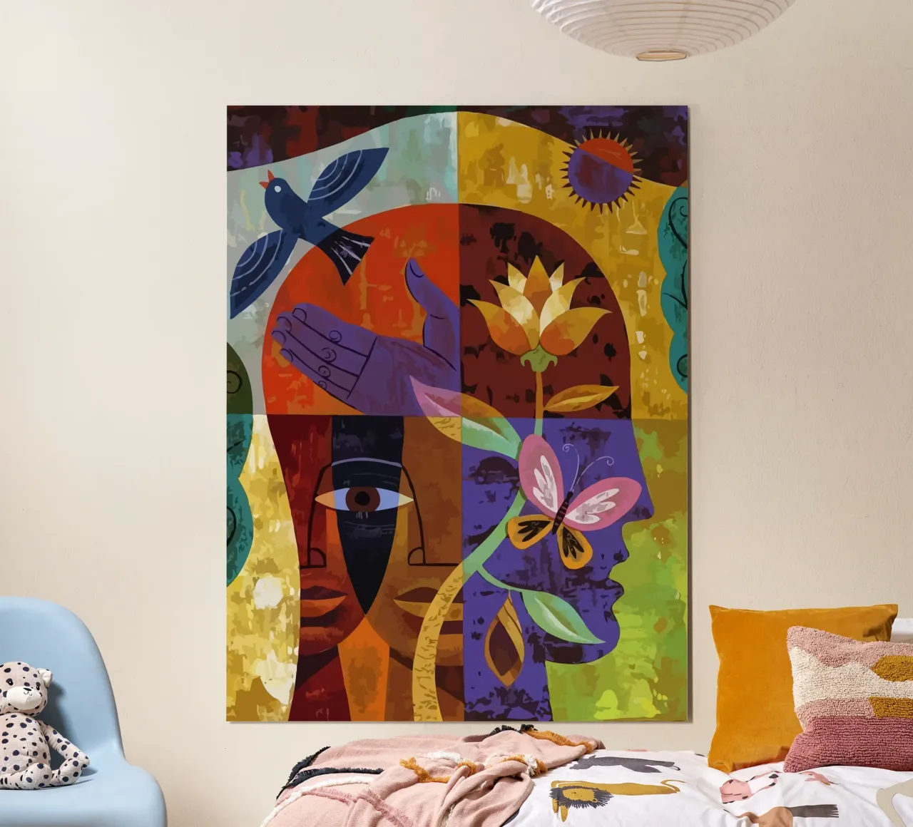 illustration of human face and bird poster con telaio in legno da Dumery Art