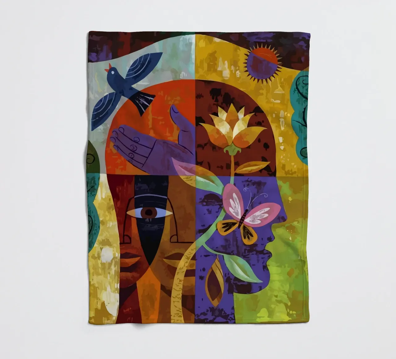illustration of human face and bird coperta in pile da Dumery Art