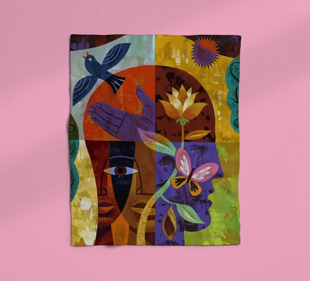 illustration of human face and bird coperta in pile da Dumery Art