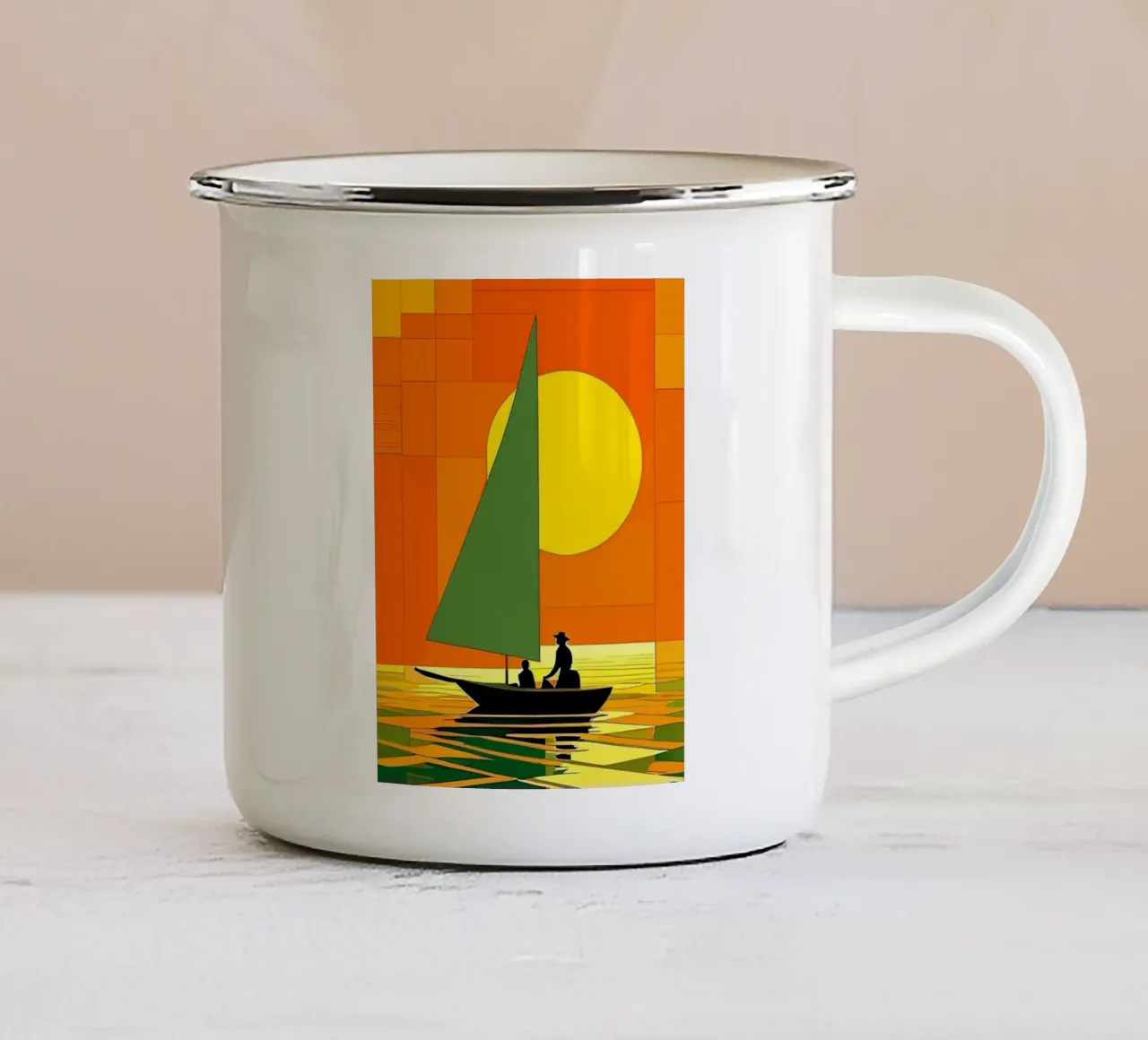 small ship in the sunset ocean tazza in smalto da Dumery Art