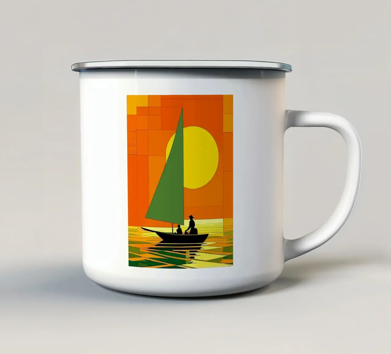 small ship in the sunset ocean tazza in smalto da Dumery Art