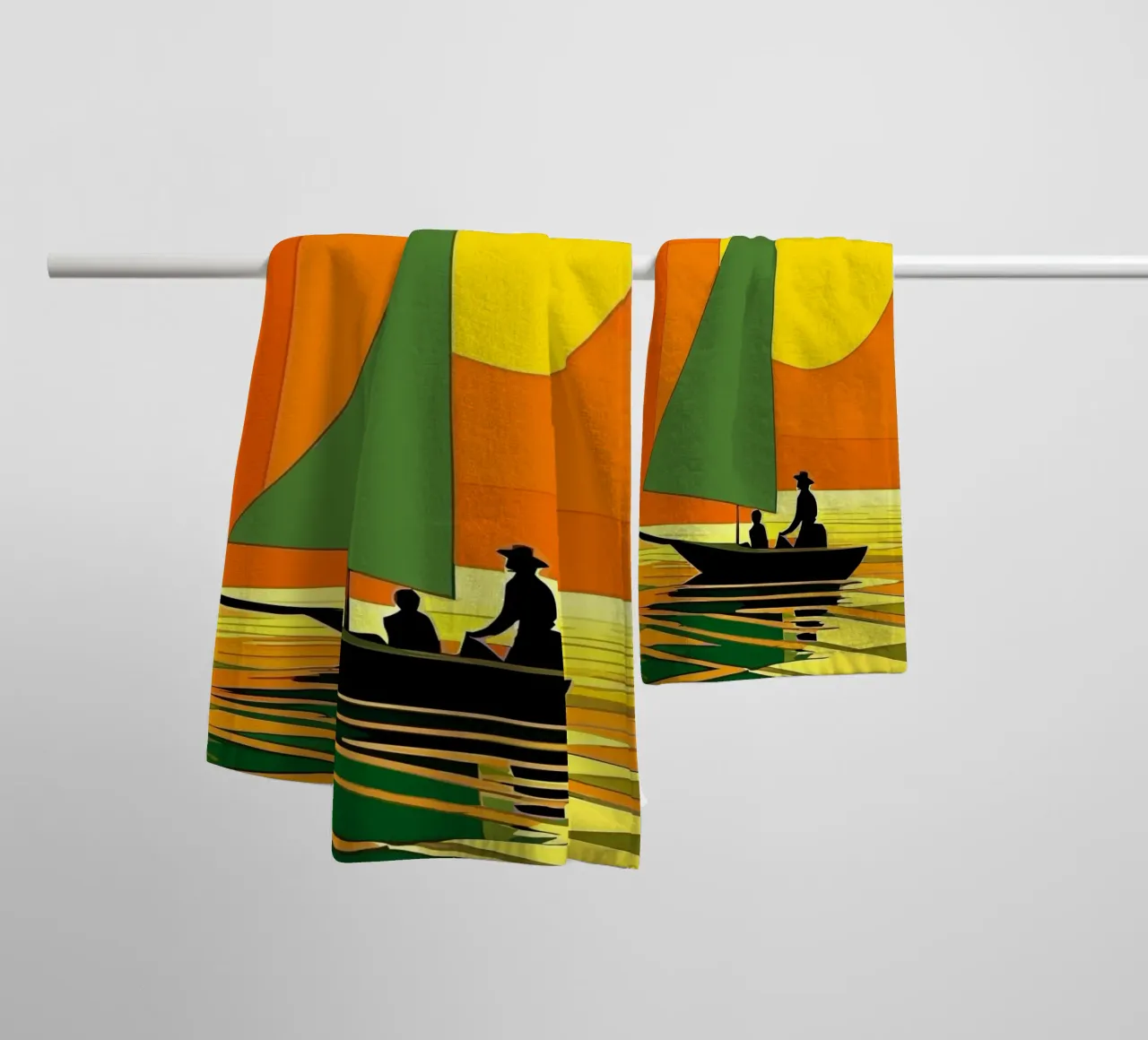 small ship in the sunset ocean asciugamano da bagno da Dumery Art