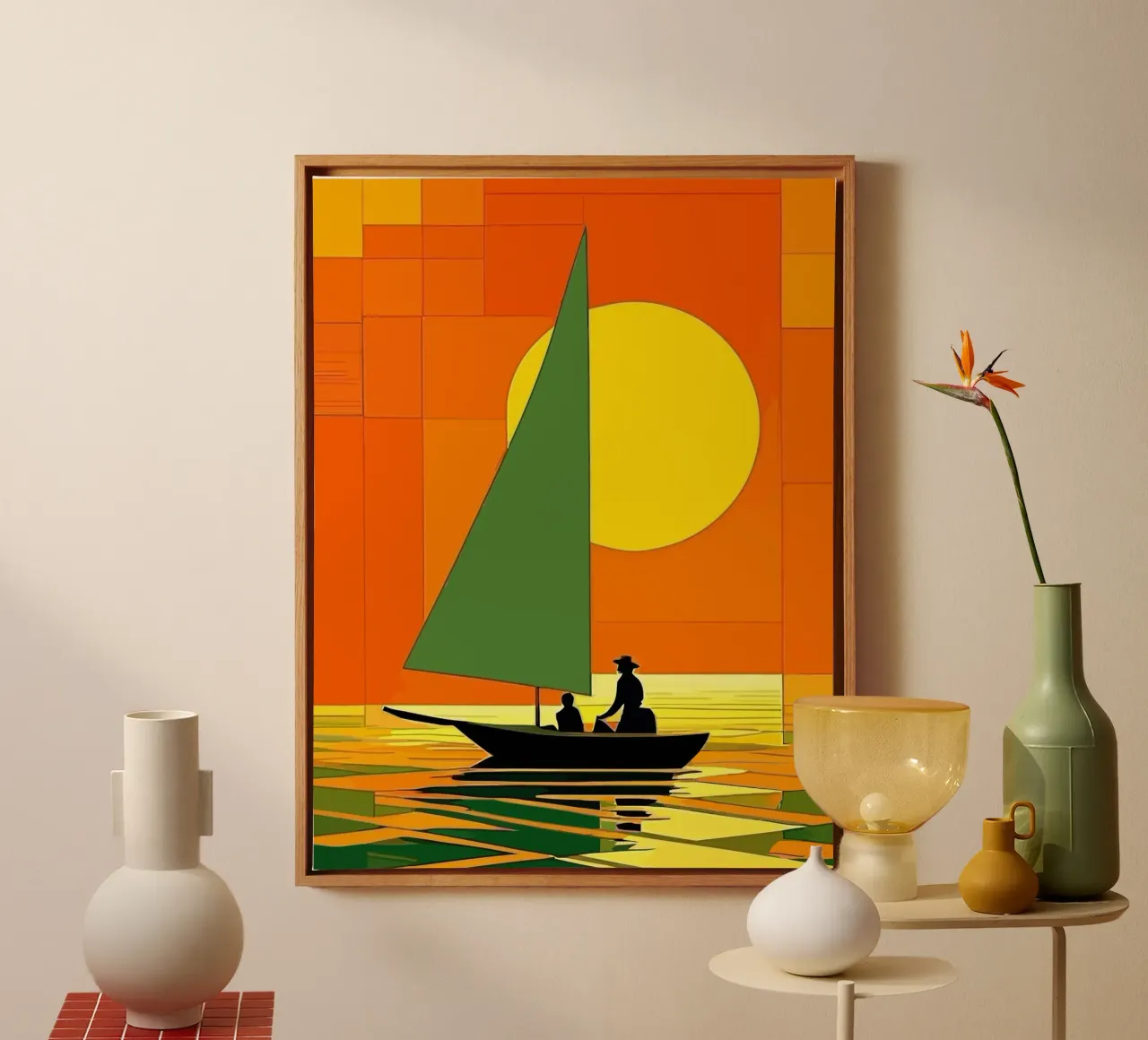 small ship in the sunset ocean tela con Cornice a cassetta da Dumery Art