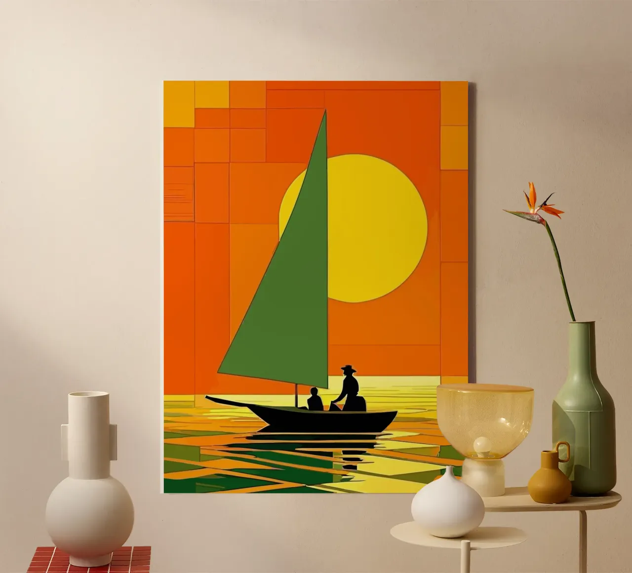 small ship in the sunset ocean tela con Cornice a cassetta da Dumery Art
