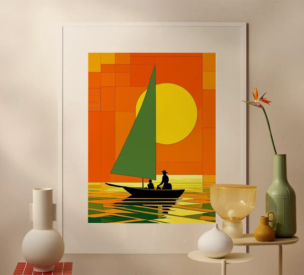 small ship in the sunset ocean poster con telaio in alluminio da Dumery Art