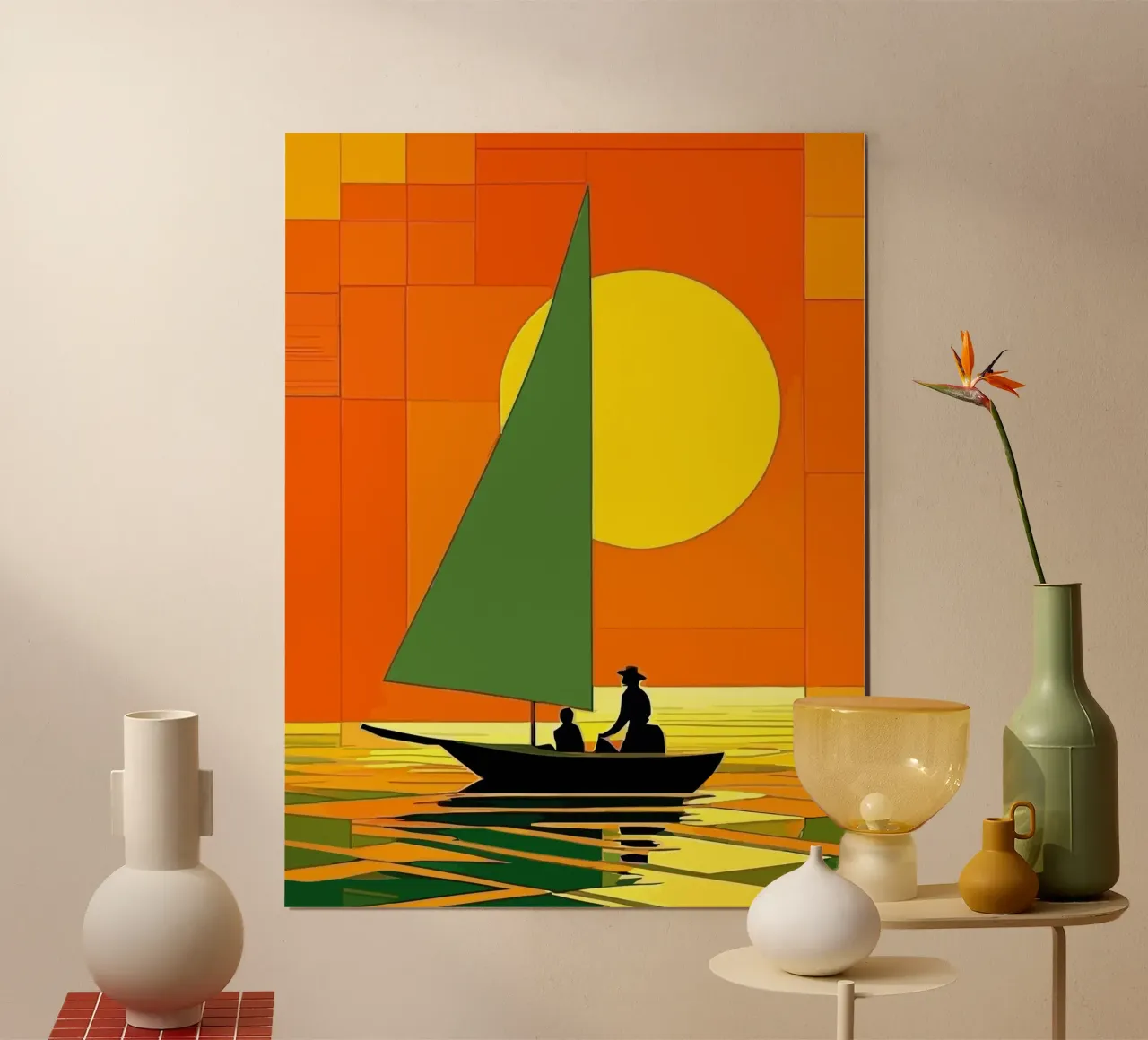 small ship in the sunset ocean poster con telaio in alluminio da Dumery Art