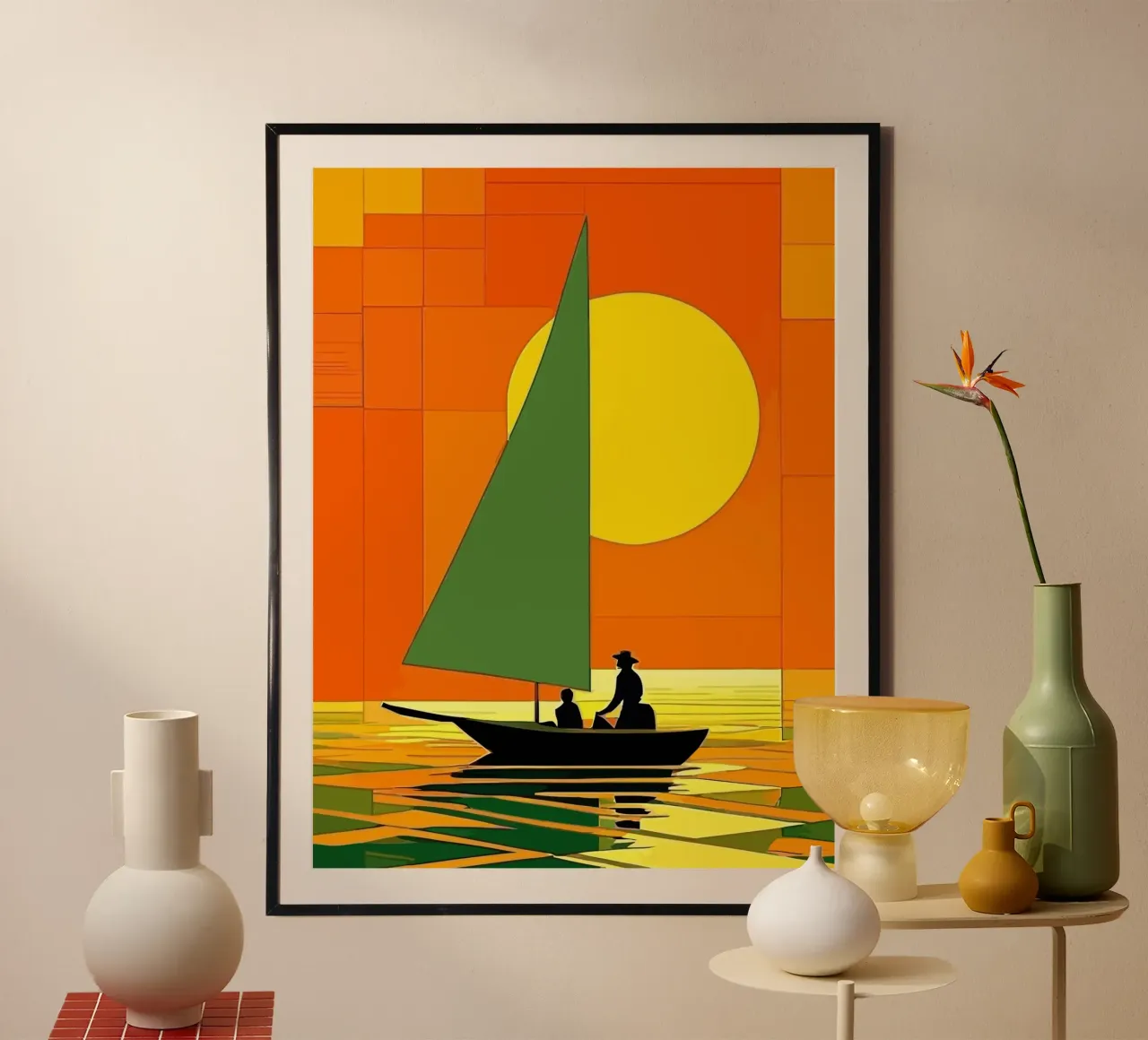 small ship in the sunset ocean poster con telaio in alluminio da Dumery Art