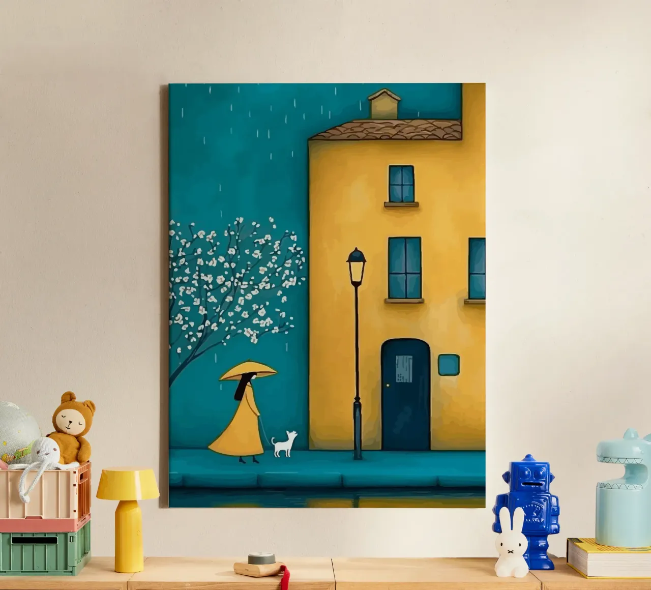 woman and her dog walking in the rain tela con Cornice a cassetta da Dumery Art