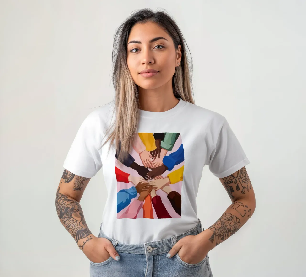 various colors of human hands in the world t-shirt da Dumery Art