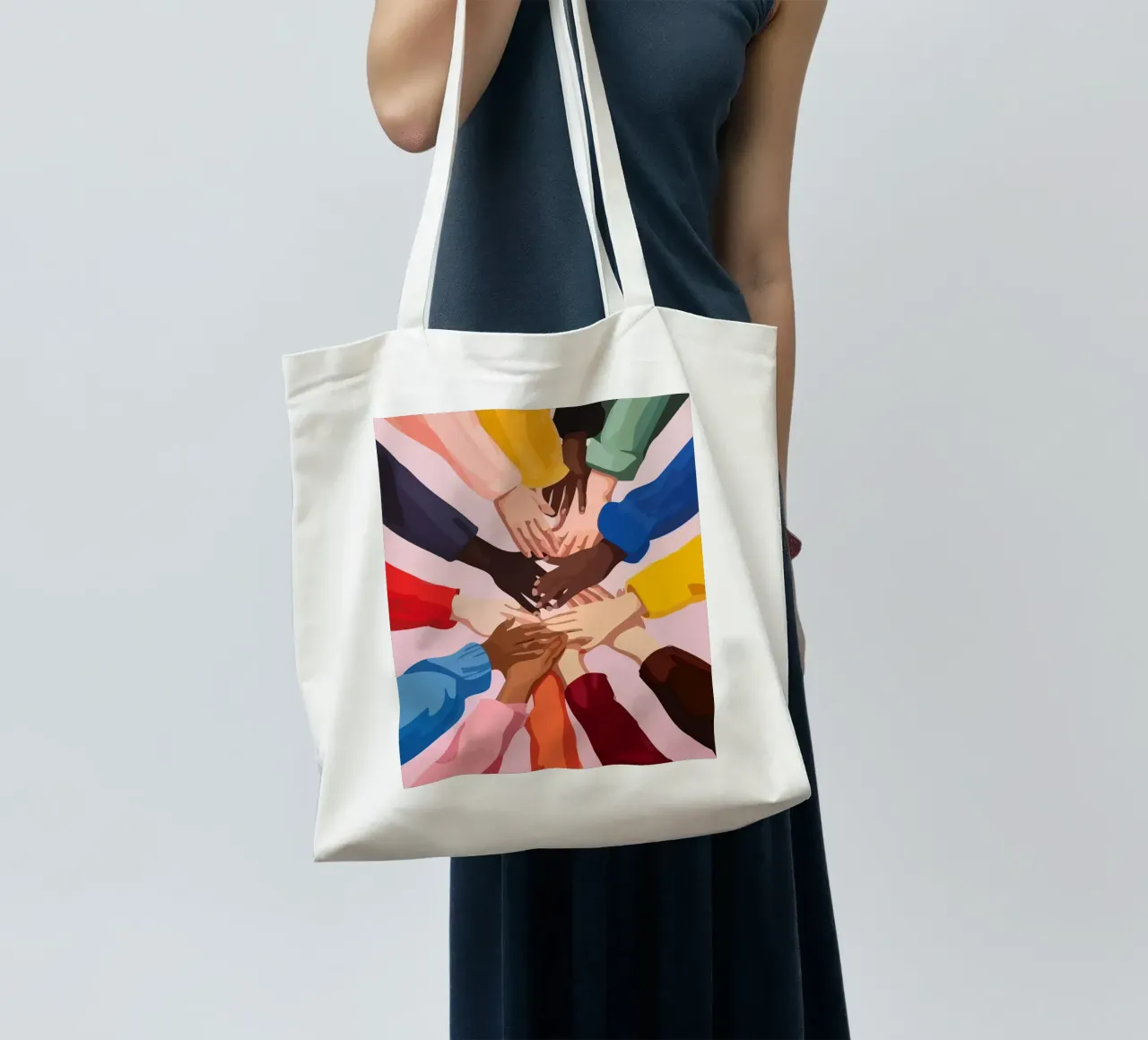 various colors of human hands in the world borsa in juta da Dumery Art