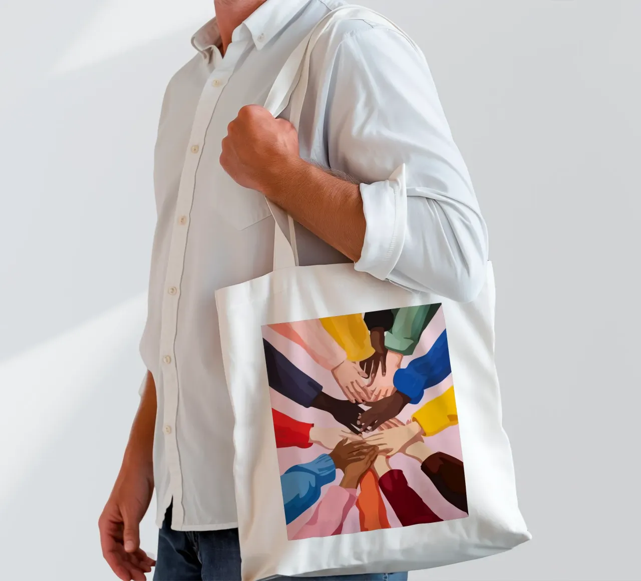 various colors of human hands in the world borsa in juta da Dumery Art