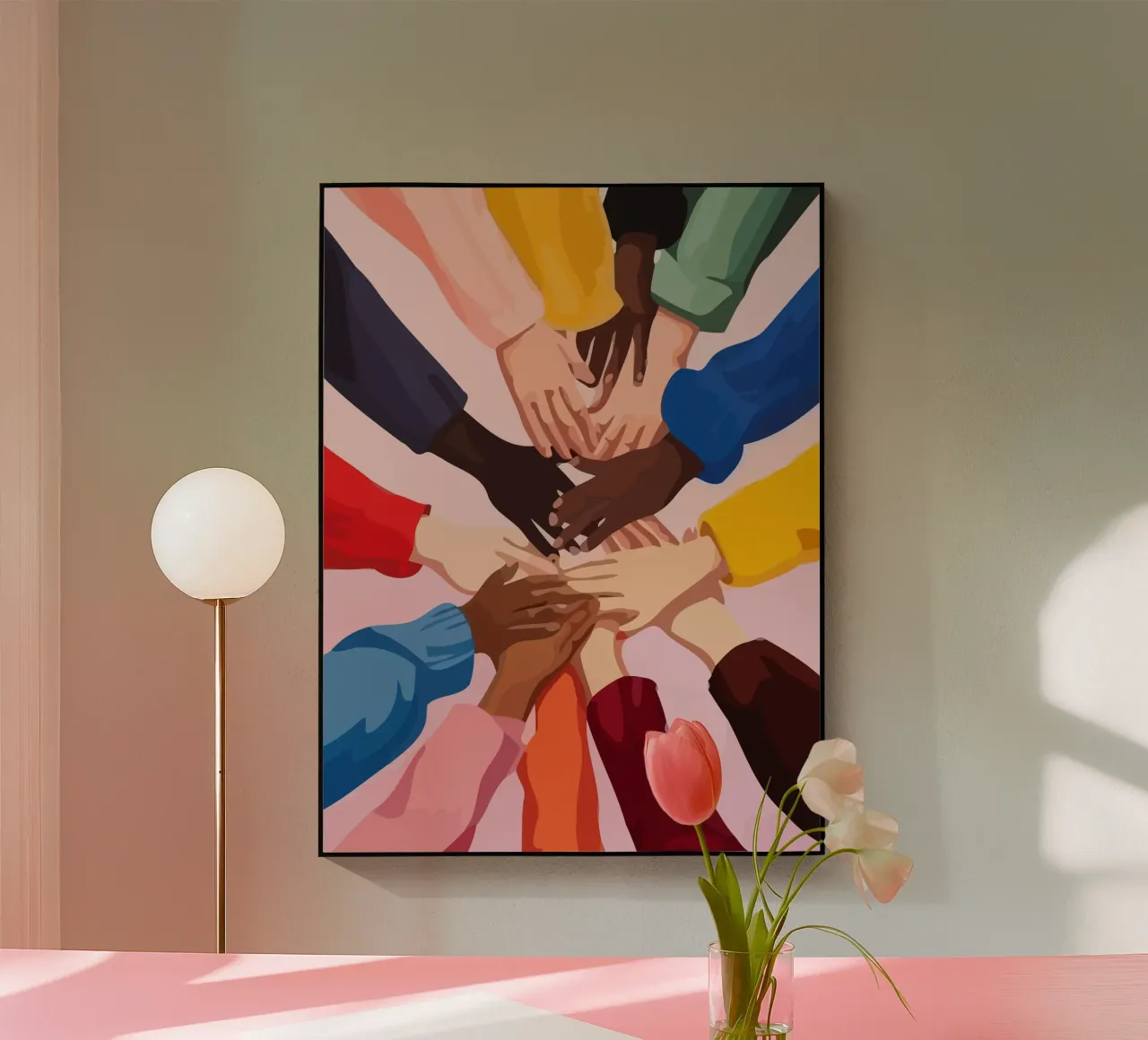 various colors of human hands in the world plexiglass da Dumery Art