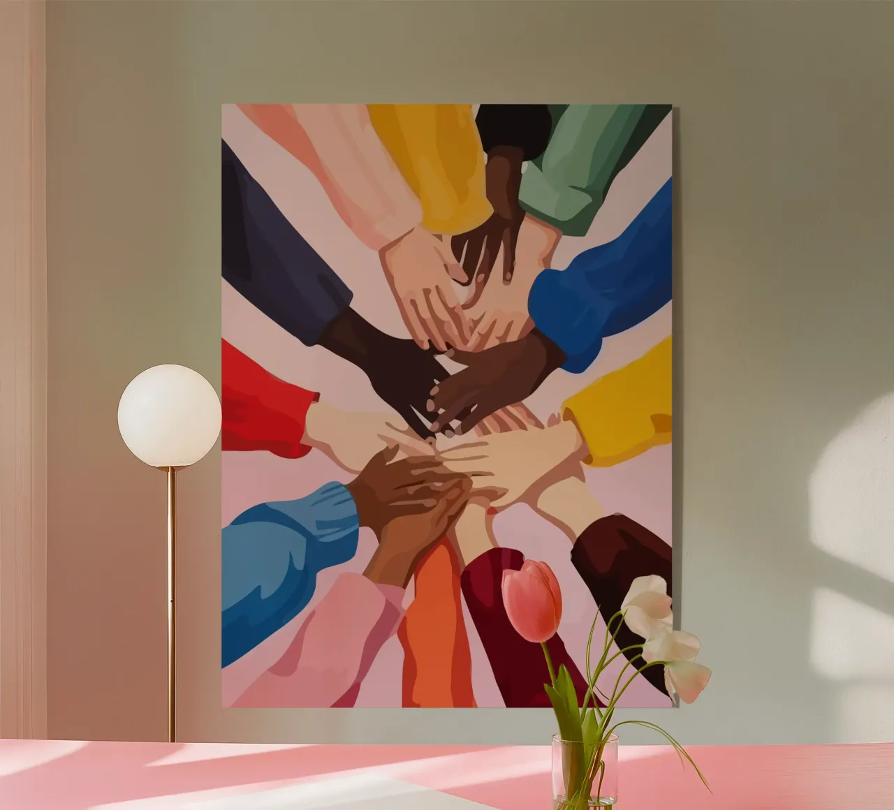 various colors of human hands in the world plexiglass da Dumery Art
