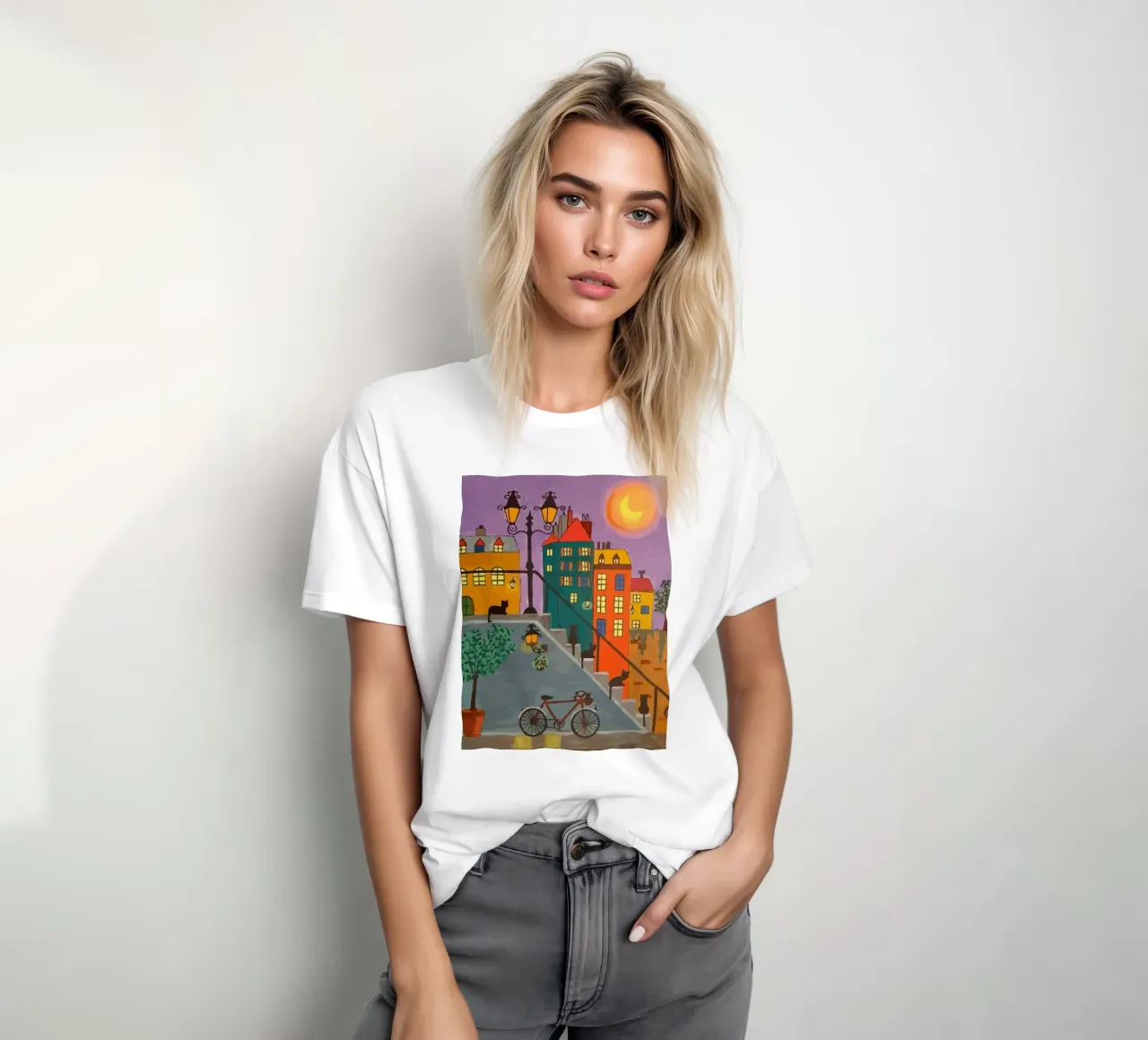 bicycle and cat in the afternoon t-shirt da Dumery Art