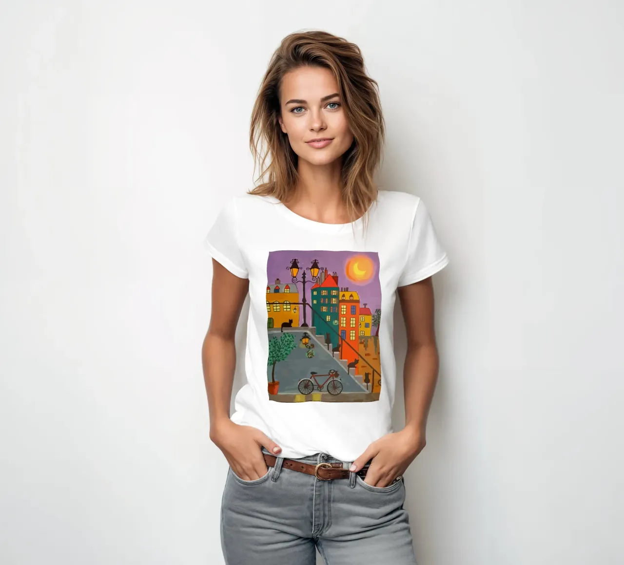 bicycle and cat in the afternoon t-shirt da donna da Dumery Art