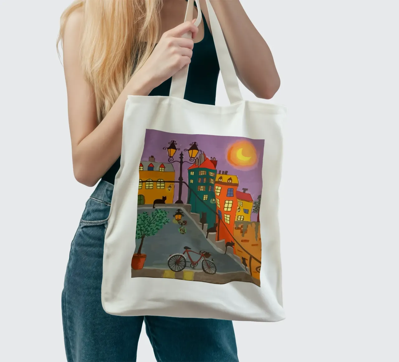 bicycle and cat in the afternoon borsa in juta da Dumery Art