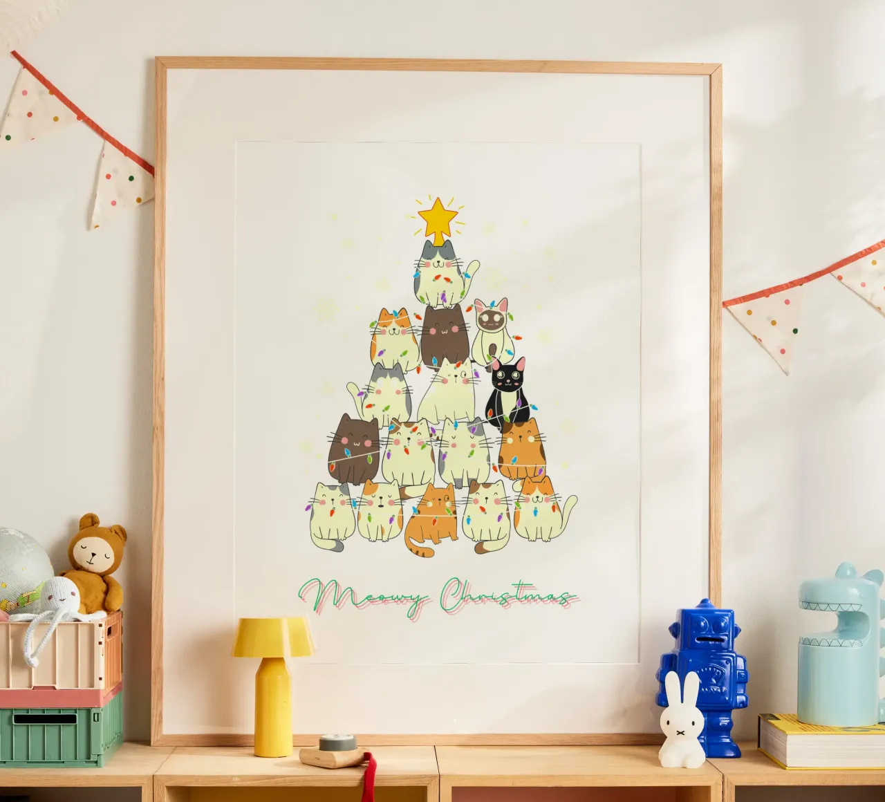Gatto divertente di Natale Meowy poster con telaio in plastica da muhidines