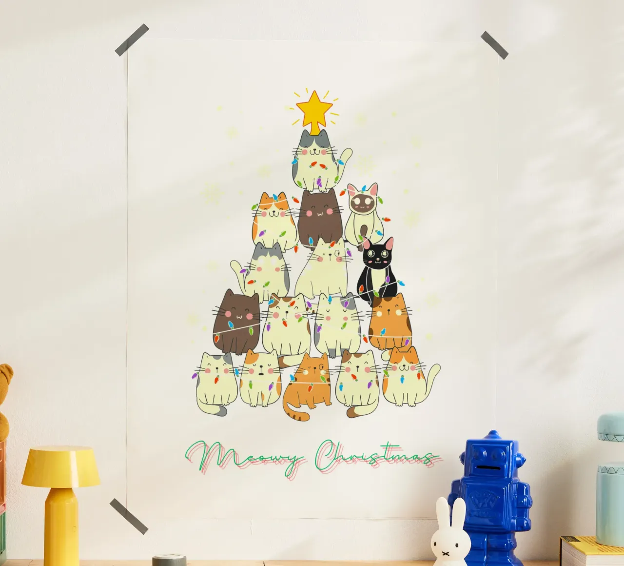 Gatto divertente di Natale Meowy poster con telaio in plastica da muhidines