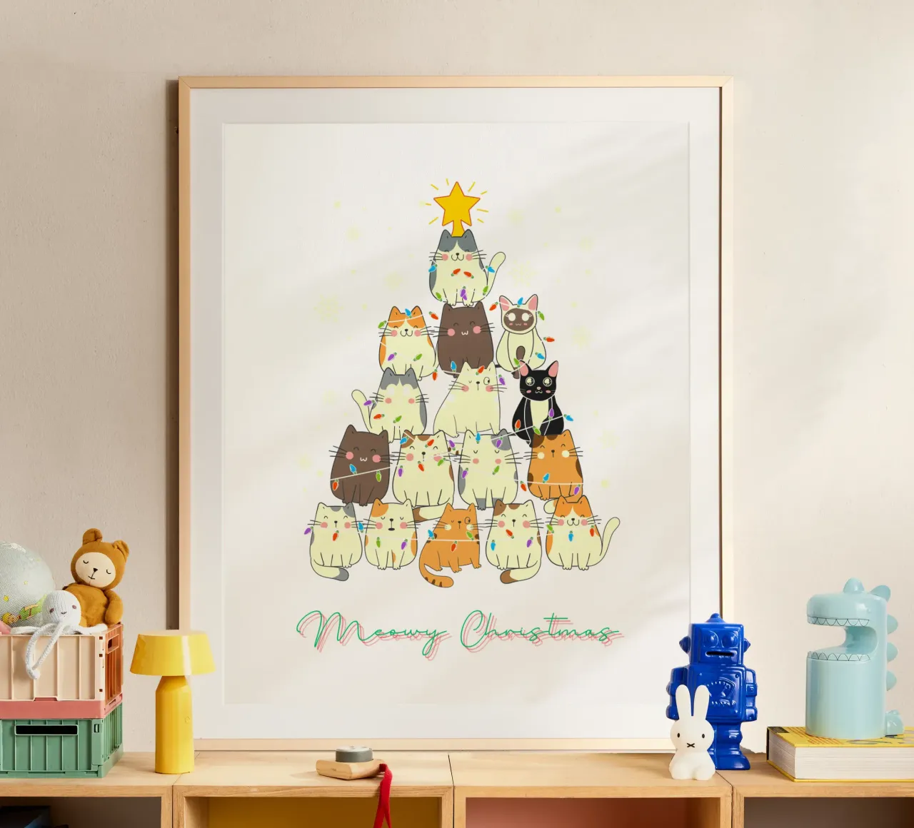 Gatto divertente di Natale Meowy poster con telaio in plastica da muhidines