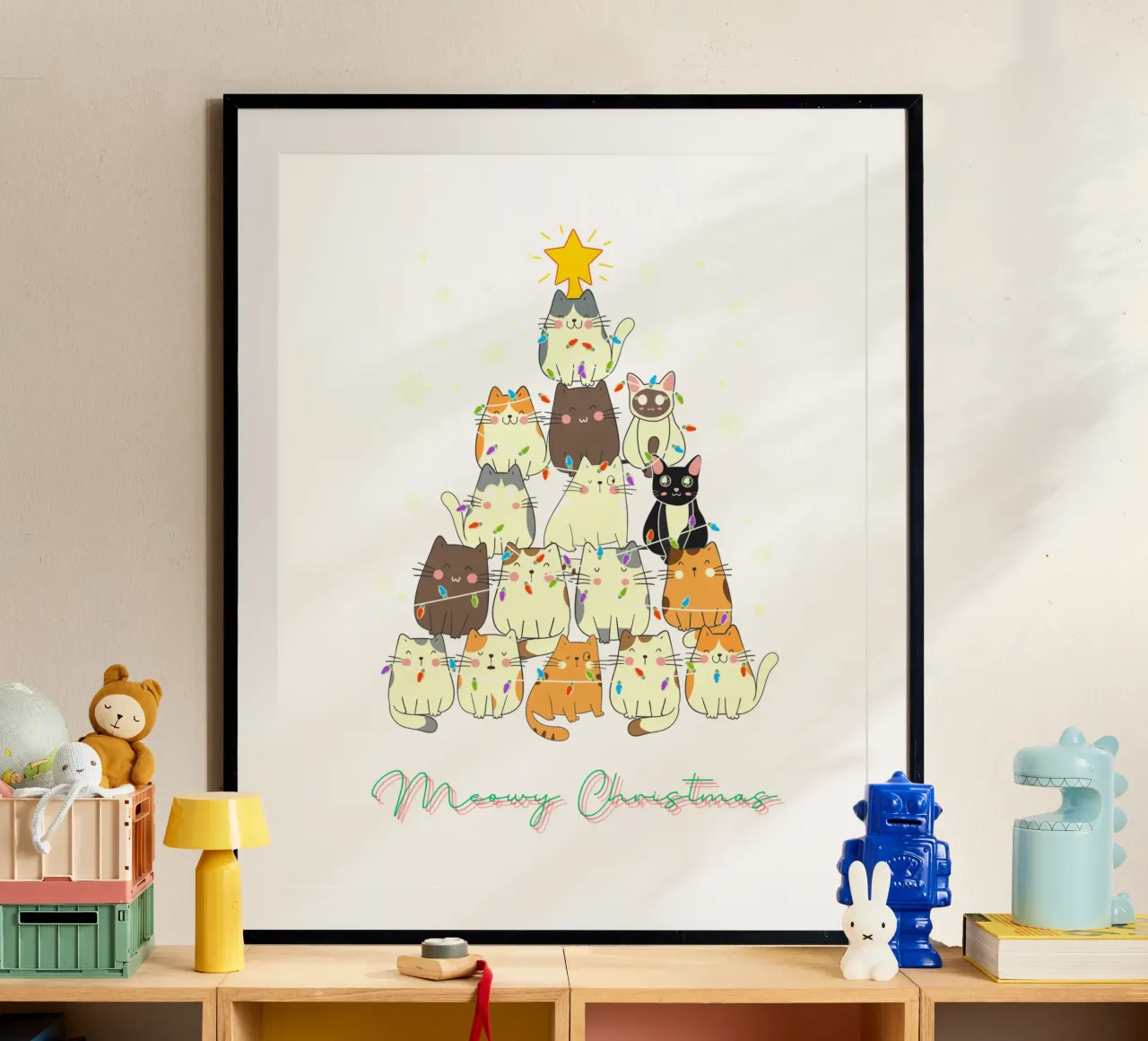 Gatto divertente di Natale Meowy poster con telaio in plastica da muhidines