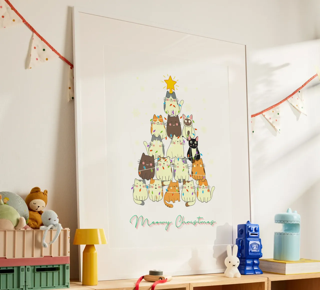 Gatto divertente di Natale Meowy poster con telaio in plastica da muhidines