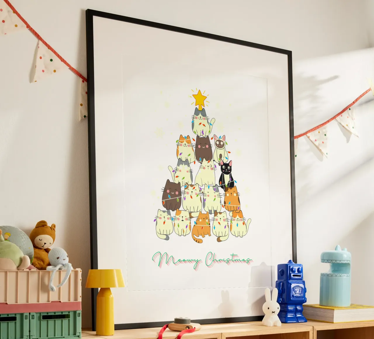 Gatto divertente di Natale Meowy poster con telaio in plastica da muhidines