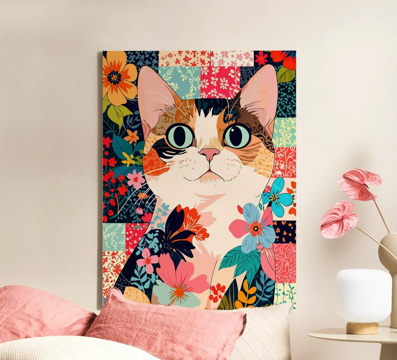 cats floral tela con Cornice a cassetta da Dumery Art