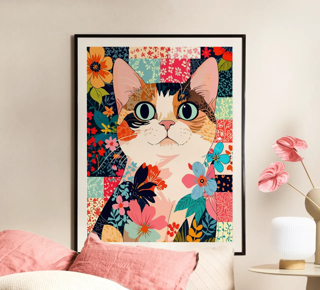 cats floral poster con telaio in legno da Dumery Art