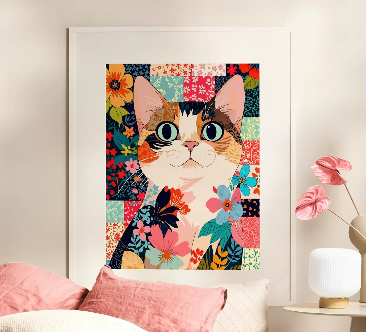 cats floral poster con telaio in legno da Dumery Art