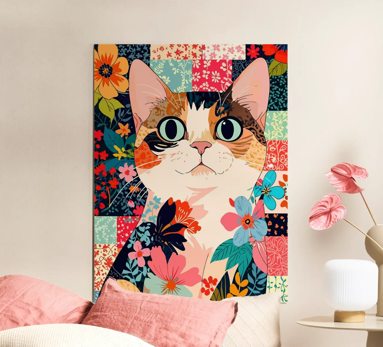 cats floral poster con telaio in legno da Dumery Art
