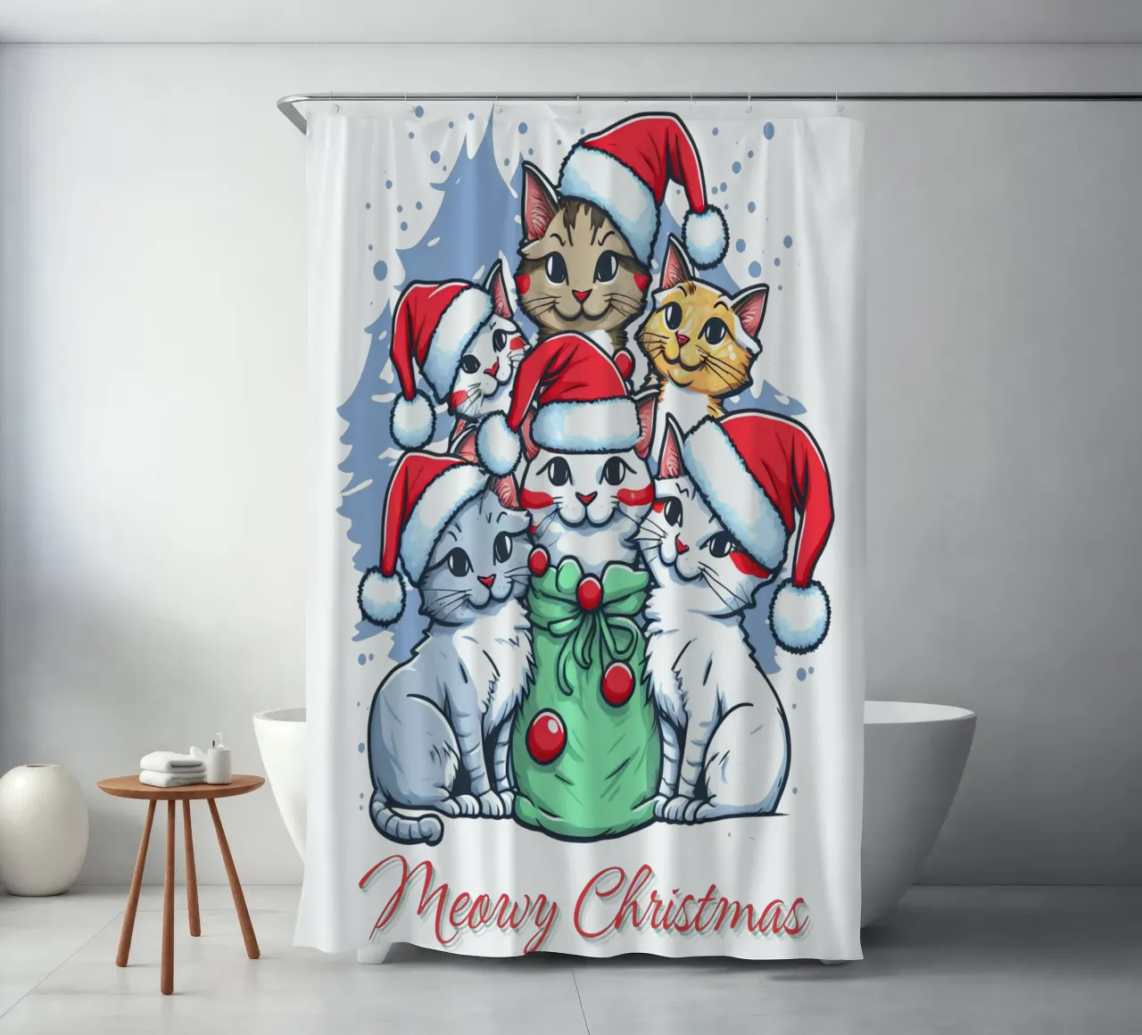 Meowy Funny Cat Navidad cortina de baño de muhidines