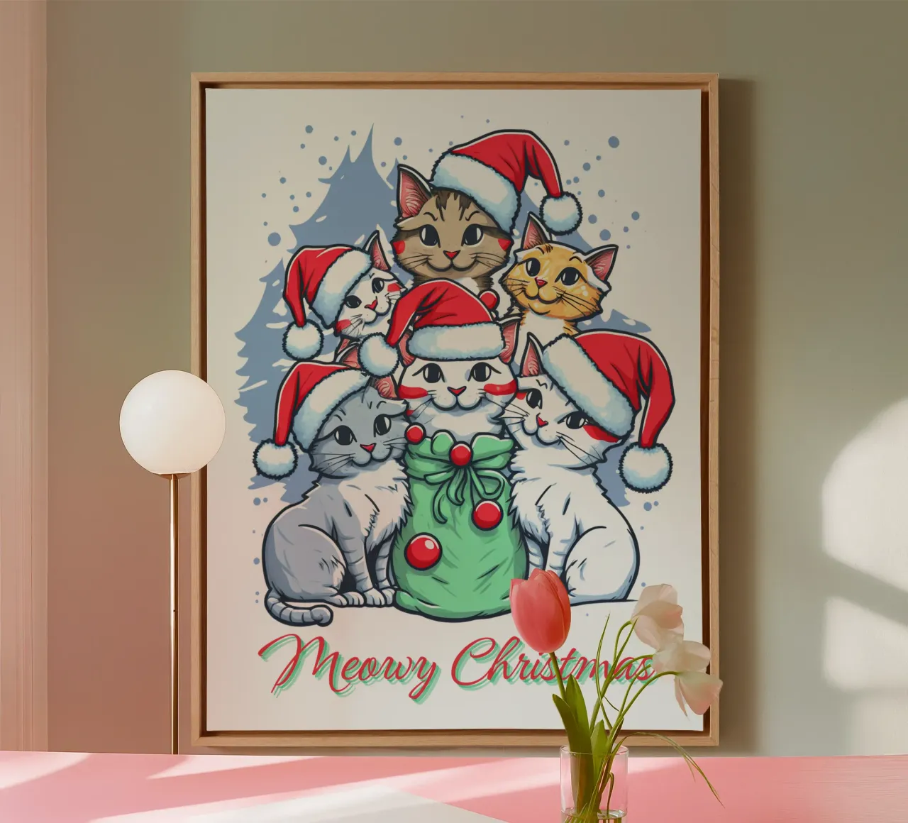 Meowy Funny Cat Navidad lienzo con Marco flotante de muhidines