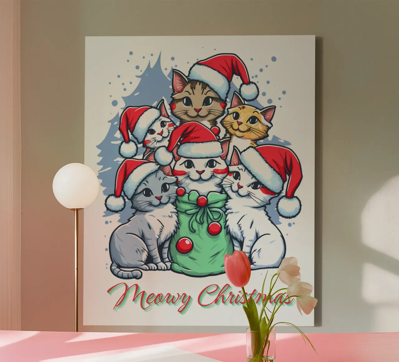 Meowy Funny Cat Navidad lienzo con Marco flotante de muhidines