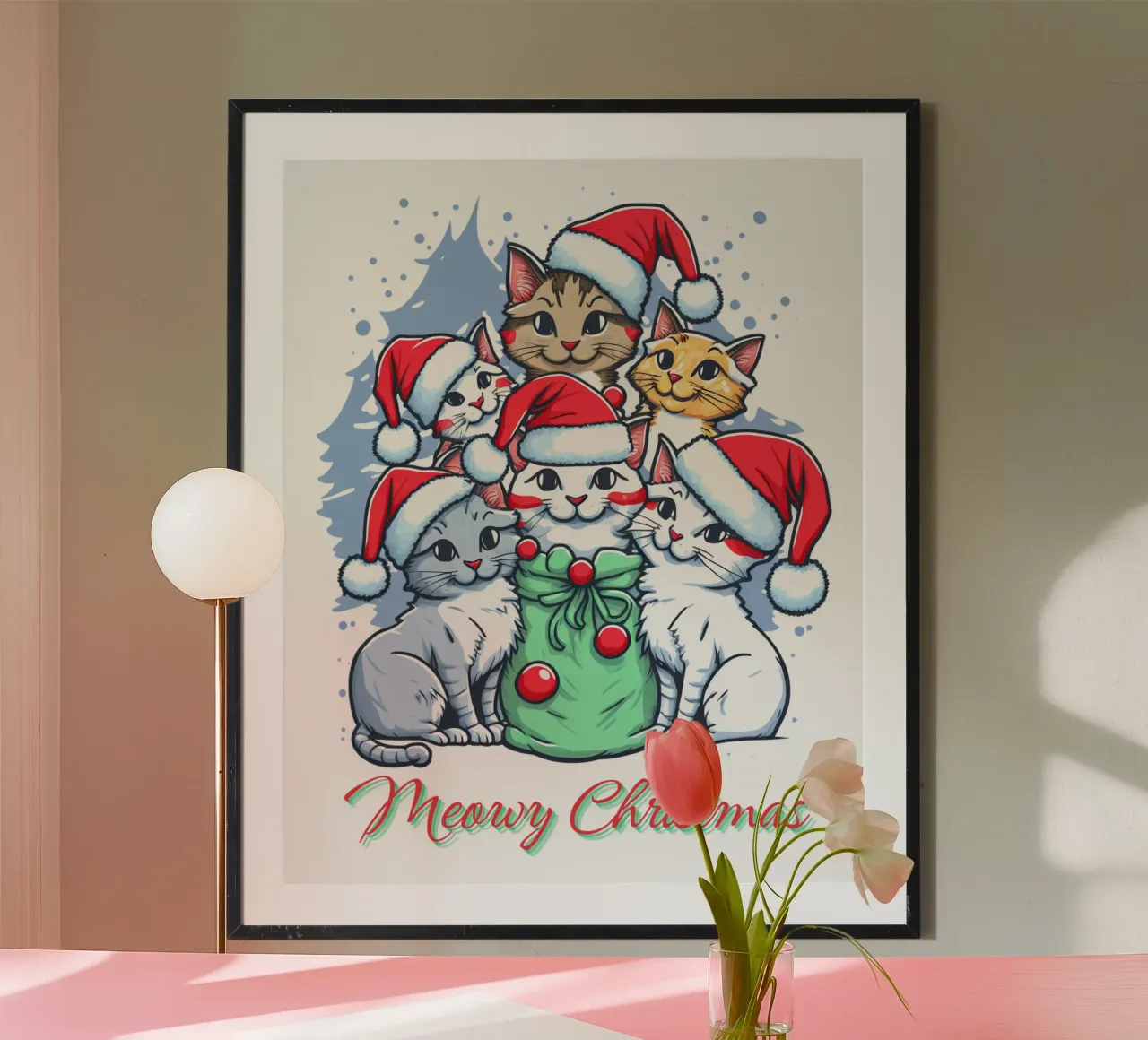 Meowy Gatto divertente di Natale poster con telaio in alluminio da muhidines