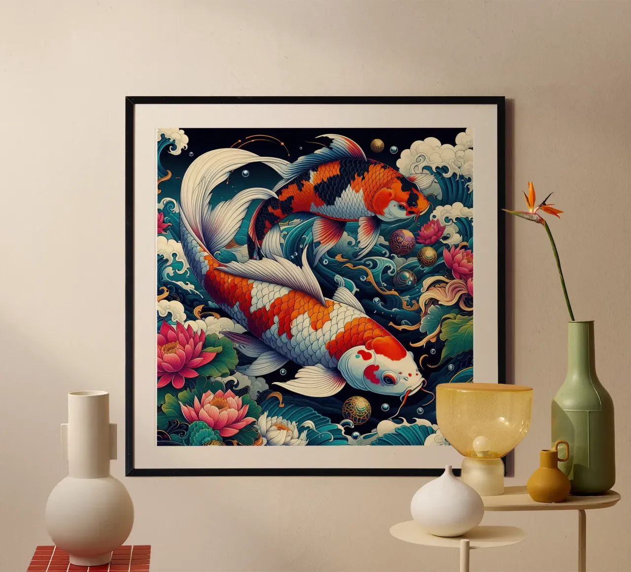 Bellissimo pesce giapponese poster con telaio in legno da Delaney Okuneva