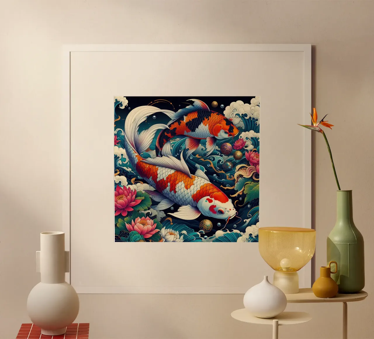 Bellissimo pesce giapponese poster con telaio in legno da Delaney Okuneva