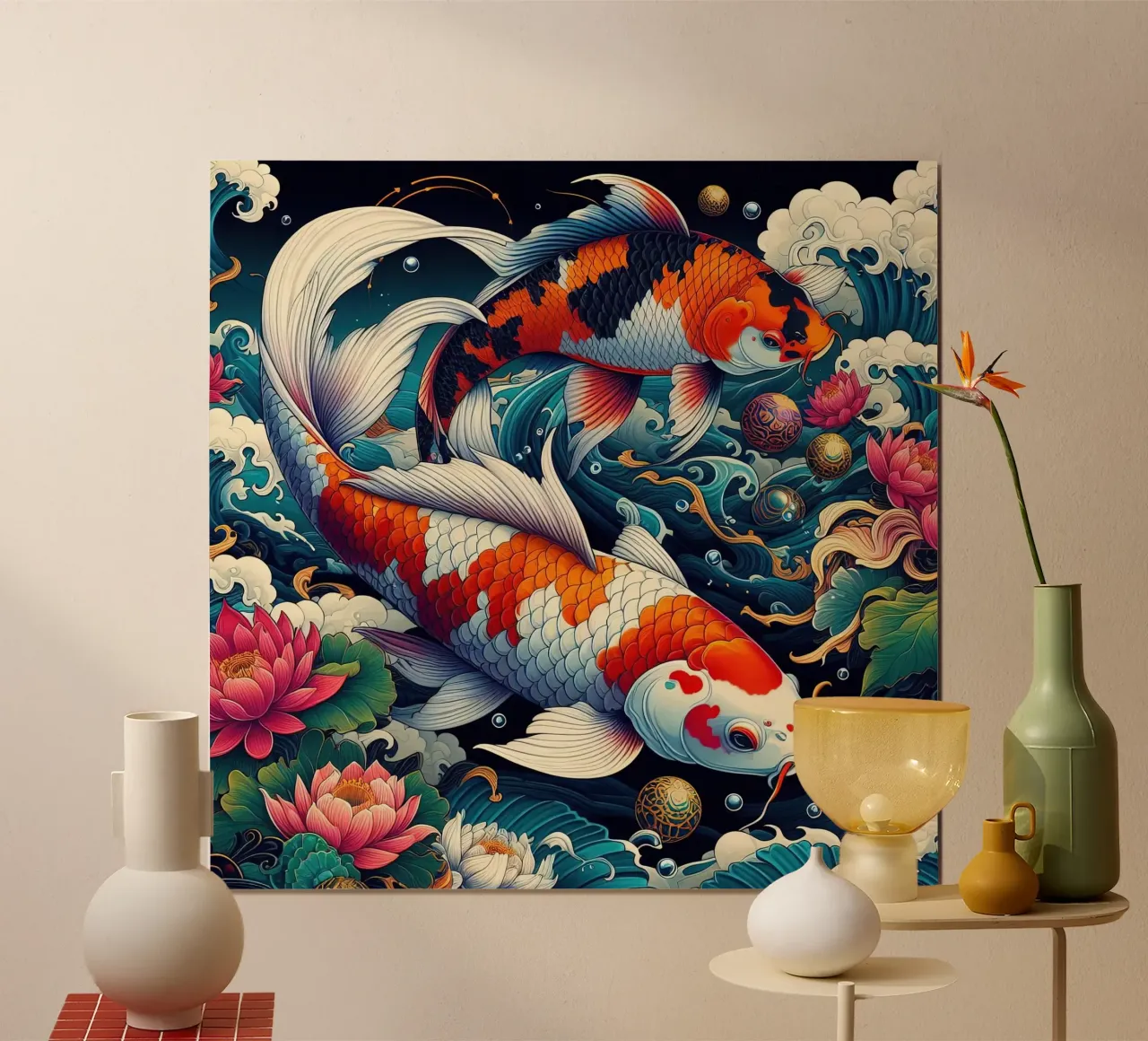 Bellissimo pesce giapponese poster con telaio in legno da Delaney Okuneva