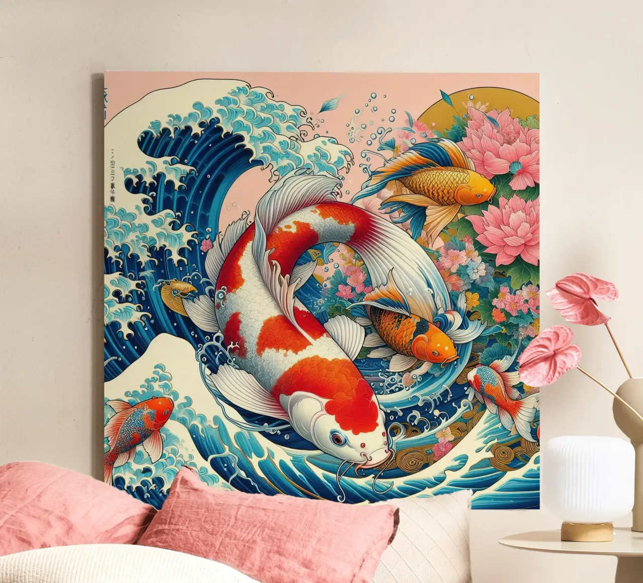 Il mare blu e il pesce giapponese tela con Cornice a cassetta da Delaney Okuneva