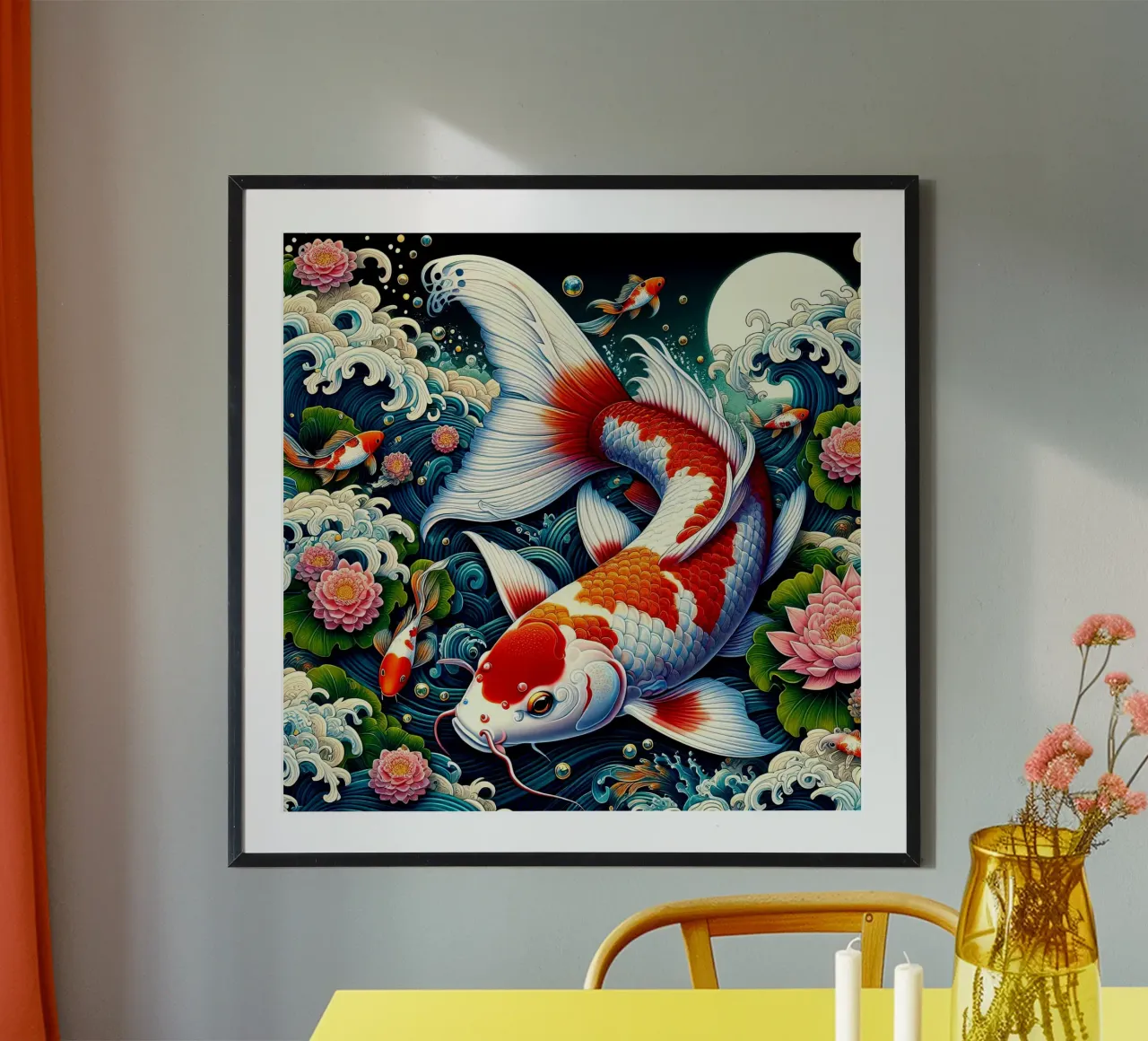 Pesce giapponese SOul Of Moon poster con telaio in legno da Delaney Okuneva