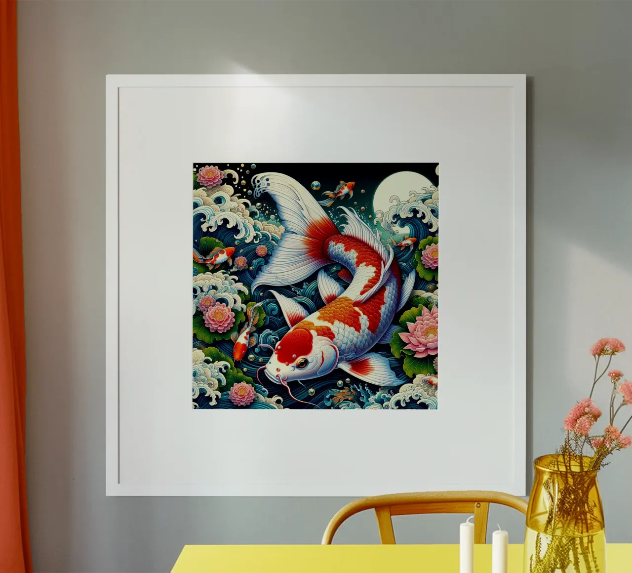 Pesce giapponese SOul Of Moon poster con telaio in legno da Delaney Okuneva