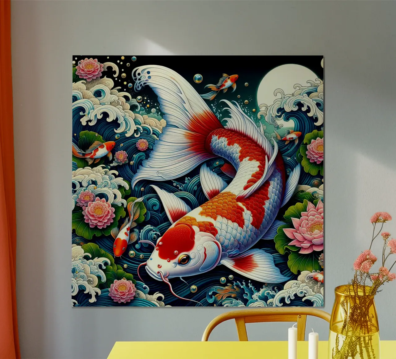 Pesce giapponese SOul Of Moon poster con telaio in legno da Delaney Okuneva