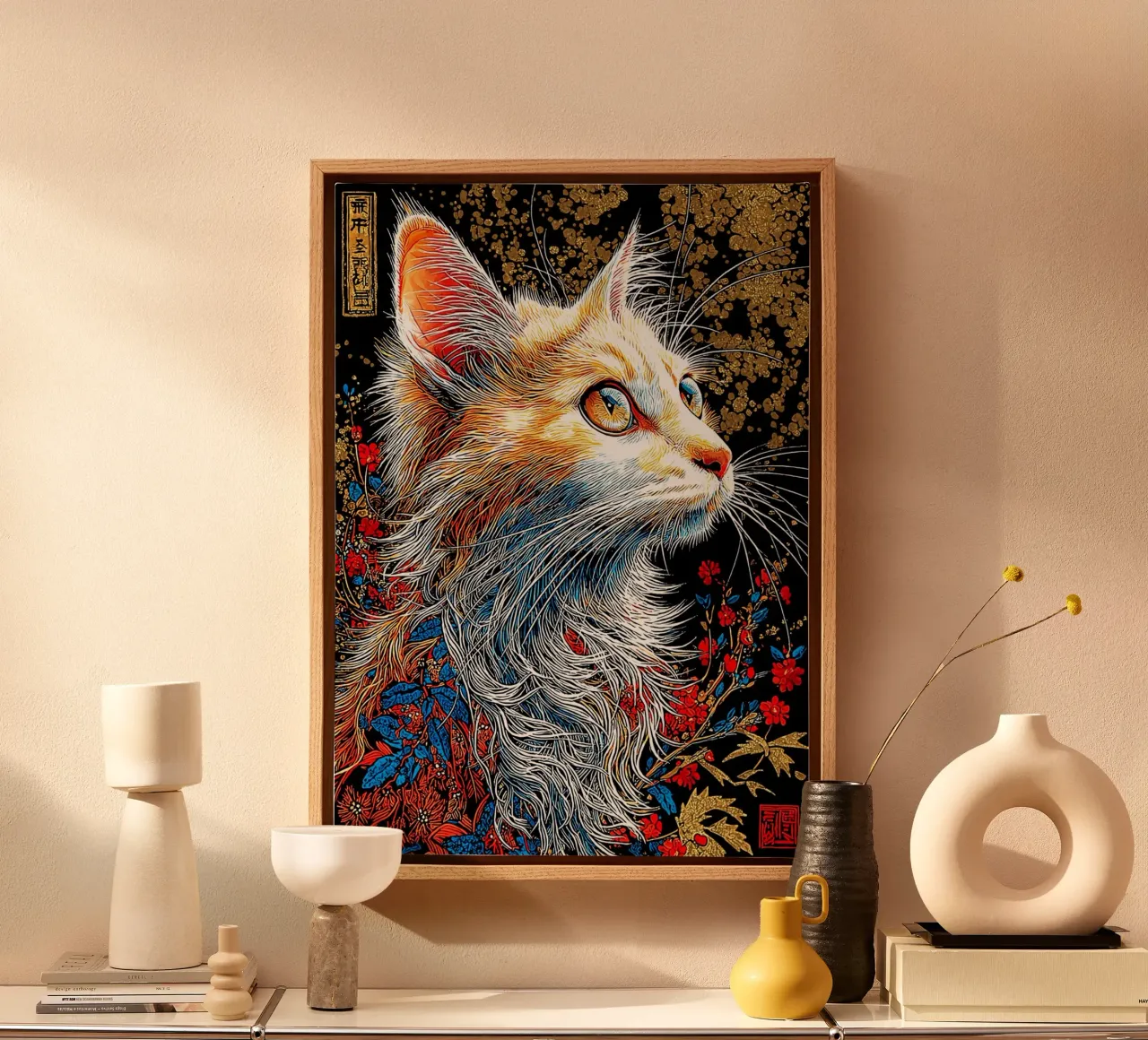 Ritratto di gatto decorato con accenti floreali tela con Cornice a cassetta da Fleur de Lys