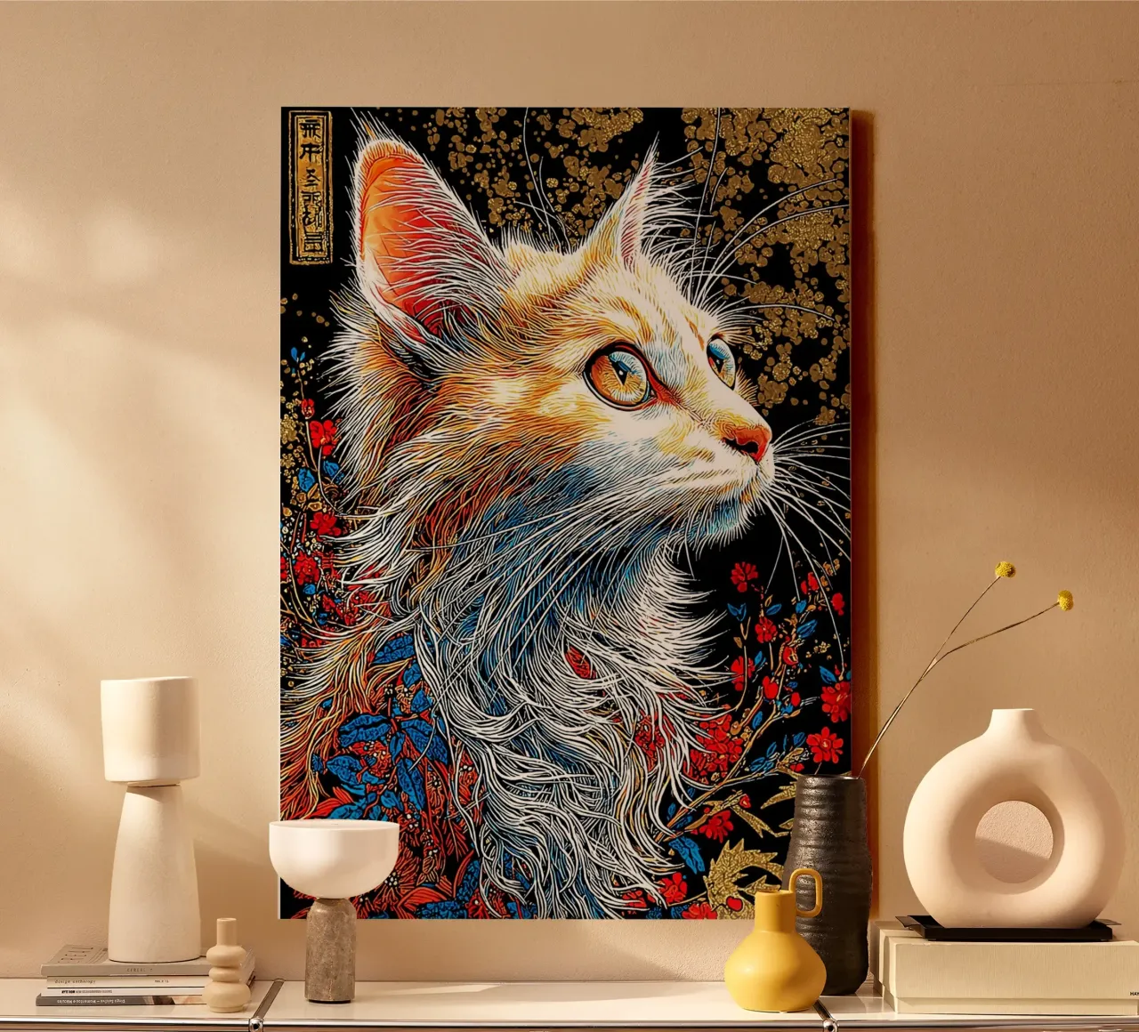 Ritratto di gatto decorato con accenti floreali tela con Cornice a cassetta da Fleur de Lys