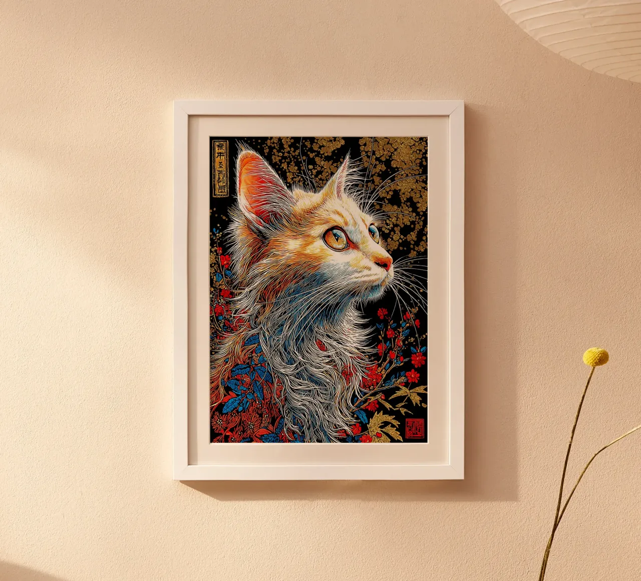 Ritratto di gatto decorato con accenti floreali poster con telaio in plastica da Fleur de Lys