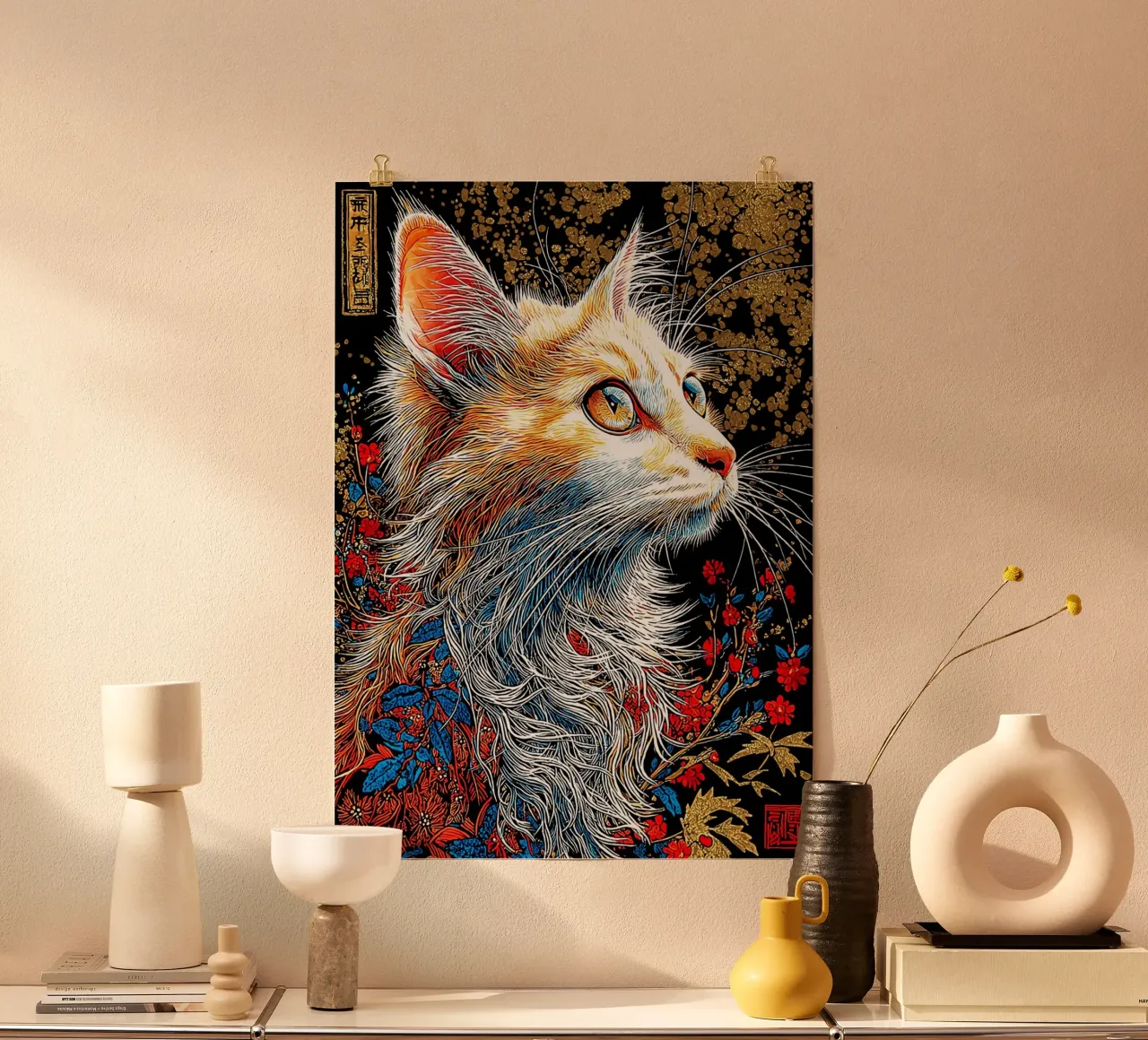 Ritratto di gatto decorato con accenti floreali poster con telaio in plastica da Fleur de Lys