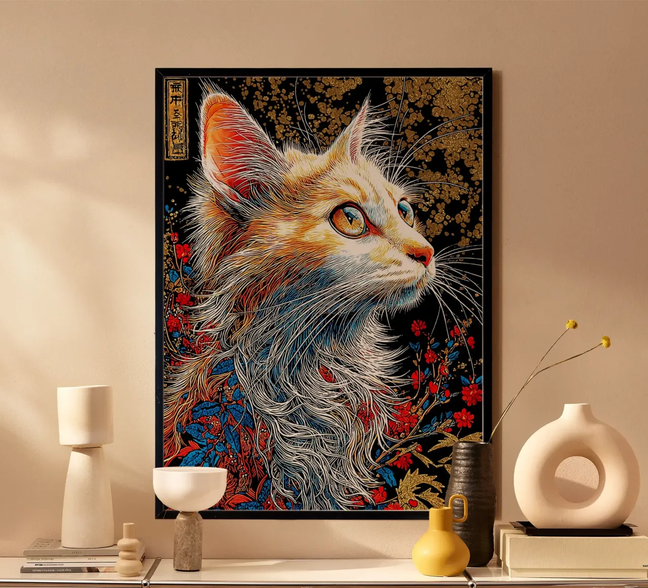 Ritratto di gatto decorato con accenti floreali poster con telaio in plastica da Fleur de Lys